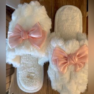 White Furry Slippers with Pink satin-feel Bows